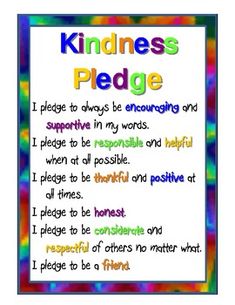 a colorful poster with the words kindness, pedge and i hope to always be enough