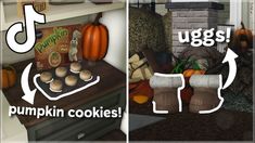 there are two pictures with pumpkins and cookies on the same shelf in this room