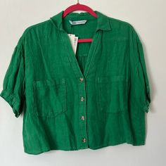 Brand New With Tags. Size Xs. Measures Approximately 22” Pit To Pit And 19” In Length. Zara Green Blouse With Buttons, Green Buttoned Shirt For Day Out, Green Shirt With Buttons For Day Out, Casual Zara Tops With Buttons, Casual Green Zara Shirt, Casual Cropped Blouse With Buttons, Green Buttoned Top For Day Out, Green Button Top For Day Out, Zara Short Sleeve Tops With Buttons