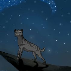 a drawing of a dog standing on top of a hill under the night sky with stars