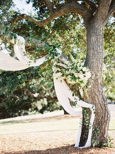 an outdoor wedding ceremony with white draping and greenery on the tree trunk