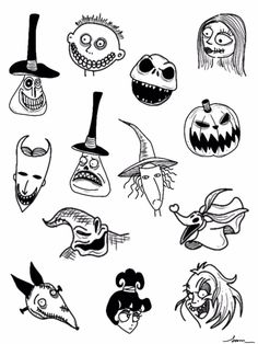 various halloween faces drawn in black and white