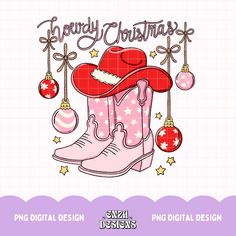 a cowboy hat, boots and christmas ornaments with the words merry christmas written on it