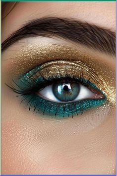 Gold eyeshadow is a versatile and glamorous choice that can elevate any makeup look. Perfect for Teal And Gold Outfit Ideas, Gold And Teal Eye Makeup, Makeup For Teal Eyes, Teal Wedding Makeup, Teal And Gold Eyeshadow Looks, Teal Smokey Eye, Teal Blue Eye Makeup, Teal And Gold Makeup Looks, Teal And Gold Outfit