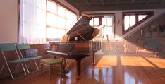 a piano and chair in a room with sunlight coming through the windows