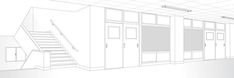 a line drawing of an empty room with stairs to the second floor and another set of windows