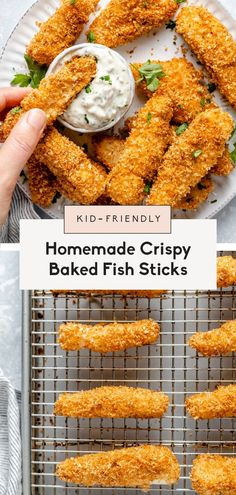 homemade crispy baked fish sticks on a plate with ranch dip in the middle and another photo