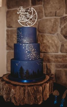 a blue wedding cake with stars and trees on it