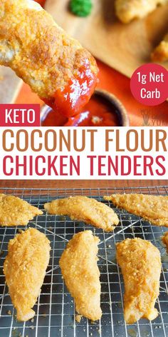 chicken tenders on a wire rack with keto in the background and text overlay that says coconut flour chicken tenders