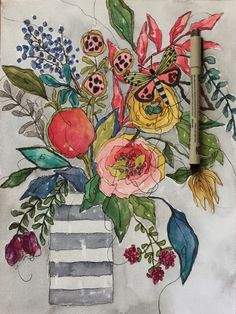 a watercolor drawing of flowers in a vase