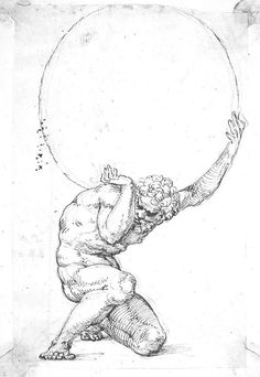 a black and white drawing of a man holding a large object in the air with one hand