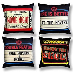 four pillows with different movie titles on them