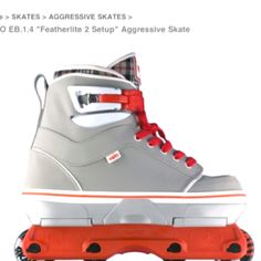 a pair of skates with red and white laces on the bottom, in front of a white background