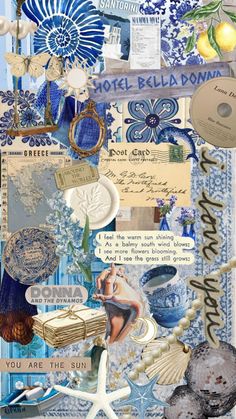 a collage of blue and white items