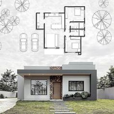 an architectural rendering of a modern house with three car garages and one living area