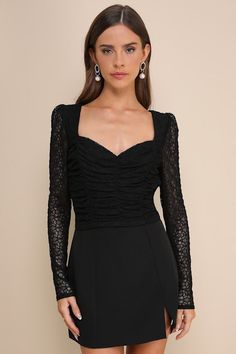 Bring an extra-alluring vibe to the party in the Lulus Enticing Presence Black Lace Ruched Backless Long Sleeve Top! Stretchy, sultry lace shapes this going-out top with a sweetheart neckline and long, sheer sleeves with gathered shoulders. Flattering ruching accents the front of the fitted bodice, while the otherwise open back design secures with a trio of flirty ties. Slightly cropped hem completes the look! Fit: This garment fits true to size. Length: Size medium measures 18.5" from shoulder Fitted Flirty Lace Top, Stretch Lace Top For Night Out, Lace Top With Lace Bodice For Night Out, Chic Lace Bodice Top For Night Out, Chic Tops With Lace Bodice For Night Out, Fitted Lace Flirty Top, Lace Top With Sweetheart Neckline, Delicate Lace Top For Night Out, Flirty Lace Tops