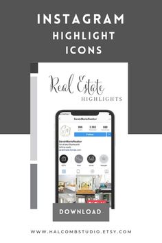 the instagram icon for real estate highlights is shown on an iphone screen with text overlay