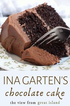 a piece of chocolate cake on a plate with a fork in it and the title ina garten's chocolate cake