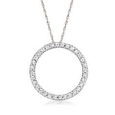 Ross-Simons - .50ct t. w. Diamond Eternity Circle Pendant Necklace in 14kt White Gold. 20". Our simply stunning necklace deserves nothing less than to be adored. The timeless eternity circle-style pendant shimmers with .50 ct. t. w. round diamonds in 14kt white gold. Would make a meaningful gift to someone who has been by your side for what feels like forever. Suspends from a rope chain. Springring clasp, diamond eternity circle pendant necklace. Diamond birthstones are the perfect gift for Apri Dazzling Round Diamond Necklace With Prong Setting, Round Diamond Cut Necklace, Classic Full Circle Formal Jewelry, Full Circle Jewelry With Diamond Accents For Anniversary, Diamond White Birthstone Necklace, Fine Jewelry Necklace With Pave Setting, Sterling Silver Round Diamond Necklace With Prong Setting, Wedding Diamond Necklace With Vs Clarity, Timeless Round Diamond Cut Necklace