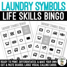 laundry symbols life skills bingo game with the words laundry symbols in black and white on it