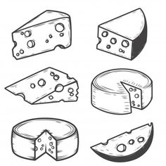 different types of cheeses drawn in black and white on a white background, each with one slice missing