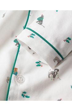 An adorable dog print patterns these kid-size pajamas crafted from a dreamy cotton blend styled with notched lapels, a chest pocket and smooth piping. Meets Consumer Product Safety Commission's flammability standards for children's sleepwear Top has front button closure; chest patch pocket Pants have elastic waist 50% cotton, 50% modacrylic Machine wash, dry flat Imported Luxury Sleepwear, French Stripes, Winter Design, Twill Weave, Pink Gingham, Fine Yarn, Linen Shop, Fabric Gift Bags, Flame Retardant