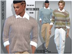 two men wearing knitted sweaters and pants for the simse male figure model