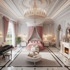 an elegant bedroom with chandelier, bed and piano in the middle of the room