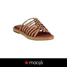 in stock Chic Brown Sandals For Beach Season, Brown Sandals For Spring Day Out, Brown Sandals For A Spring Day Out, Spring Strappy Sandals With Woven Sole, Strappy Sandals With Woven Sole For Spring, Spring Sandals With Braided Straps And Round Toe, Flat Espadrilles, Flat Sandals, Cognac