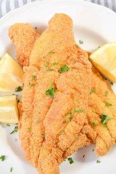 fried chicken on a plate with lemon wedges and parsley sprinkled around the edges