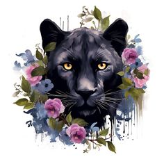 a black panther surrounded by flowers and leaves