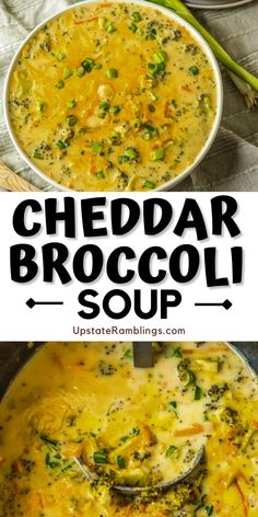 cheddar broccoli soup in a bowl with spoons