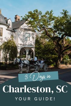 a horse drawn carriage in front of a large white house with the words 3 days in charleston, sc your guide