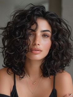 Natural Curly Hair Short Haircuts, Curly Medium Hair With Bangs, Collarbone Length Curly Haircut, Layered Curly Hair Medium Length, Curly For Short Hair, Medium Curly Hair Aesthetic, Curly Lob With Layers, Short Brunette Curly Hair, Long Bob Hairstyles For Curly Hair