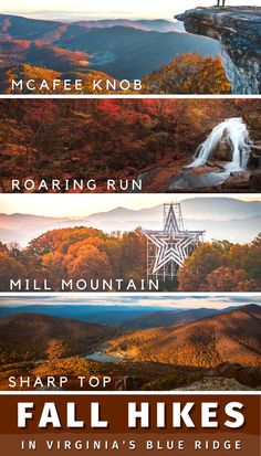 four different views of the mountains and valleys in virginia's blue ridge range, including fall