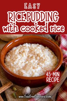 a bowl filled with rice next to cinnamon sticks