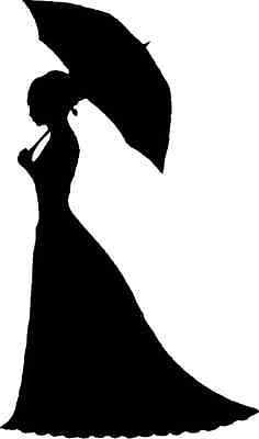 the silhouette of a woman in a long black dress holding an umbrella over her head