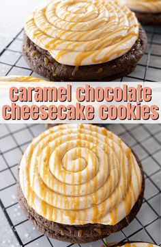 caramel chocolate cheesecake cookies on a cooling rack