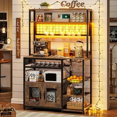 the coffee shop is decorated with string lights and wooden crates as shelves filled with items