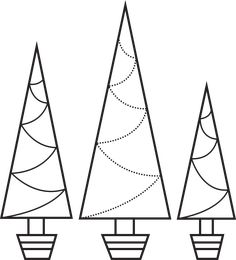 three christmas trees are shown in black and white, one has a dotted line on the top