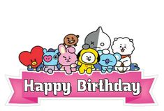 a happy birthday card with many cartoon characters on it and a pink ribbon around the bottom