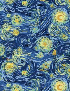 the starry night sky is shown with many stars and circles painted on blue fabric