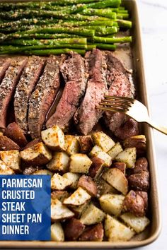 steak, potatoes and asparagus in a roasting pan with text overlay that reads parmesan crusted steak sheet pan dinner