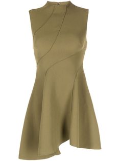 olive green jersey texture seam detailing round neck rear zip fastening sleeveless A-line asymmetric hem thigh-length Green Jersey, Dress Inspo, Birthday Dress, Birthday Dresses, David Yurman, Lady Dior, French Style, Jersey Dress, Asymmetric Hem