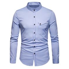 Stand Collar Chest Pocket Button Up Shirt - Light Blue - 4V07381610 - Men's Clothing, Men's Tops & T-Shirts, Men's Shirts  #MensShirts #Men's #Clothing # #Men's #Tops #& #TShirts # #Men's #Shirts Mens Business Casual Shirts, Tuxedo Shirt Men, Bishop Sleeve Dress, Mens Shirts Online, Shirt With Collar, Mens Business, Collarless Shirt, Business Casual Shirts, Blue Shirt Dress