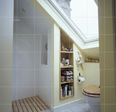 a bathroom with a skylight above the toilet and shelves on the wall next to it