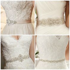 four different views of a wedding dress with beading on the waist and belt, from top to bottom