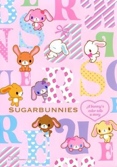 a pink background with various cartoon animals and letters in the shape of small dogs, rabbits, and hearts