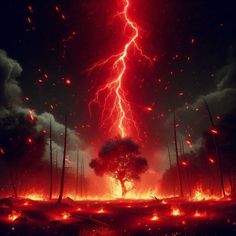 a tree that is in the middle of a field with lightning coming out of it