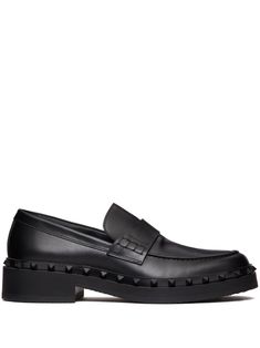 black lambskin signature Rockstud detailing slip-on style branded insole round toe leather sole Formal Slip-on Loafers With Studs, Elegant Leather Loafers With Spikes, Formal Leather Loafers With Studs, Formal Leather Studded Loafers, Formal Studded Leather Loafers, Luxury Leather Loafers With Studs, Formal Leather Loafers With Spikes, Luxury Studded Loafers For Formal Occasions, Luxury Business Loafers With Studded Rubber Outsoles